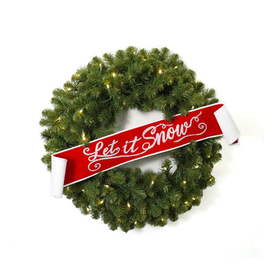 Banner ribbon Let It Snow in red and white, 6 x 48, draped around a pine wreath with lights.