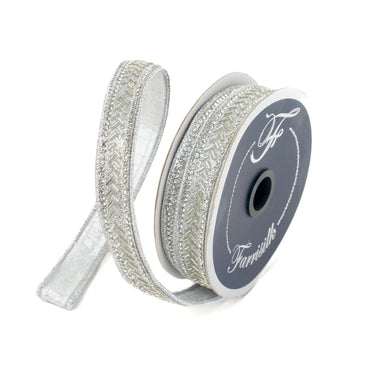 Ribbon: Silver baguette-trim ribbon by Farrisilk, .75 in x 5 yd, metallic beaded trim.