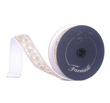 Ivory Cecilia Pearl Ribbon with beaded trim, 1.5in x 5yd, Farrisilk