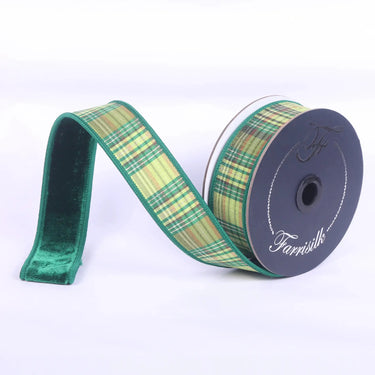 Plaid emerald lime plush ribbon by Farrisilk, 1.5 in x 10 yd, shown on two spools