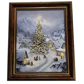 Christmas Village Wall Art With Frame, A&B framed print of a snowy village with a lit tree in a dark wood frame.