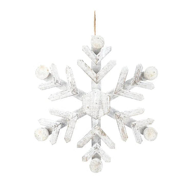 Wood Snowflake Ornament by A&B, distressed whitewashed wood, 14 x 14 inches, hanging cord.