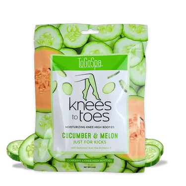 ToGo Spa Knees to Toes cucumber & melon knee-high booties moisturizing mask; green packaging, contains 2 booties.