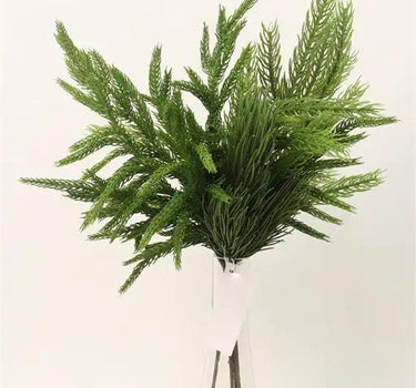Silk Norfolk pine bush, green, 17-inch arrangement in a clear glass vase
