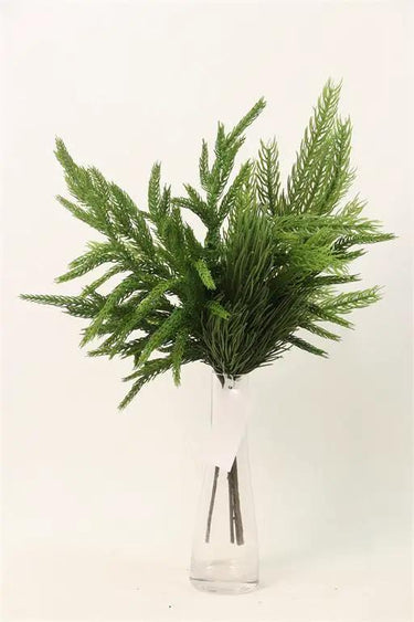 Silk Norfolk pine bush, green, 17-inch arrangement in a clear glass vase