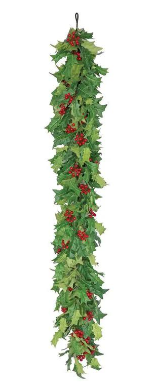 Holly Garland Green 6' Silk garland with red berries, Select
