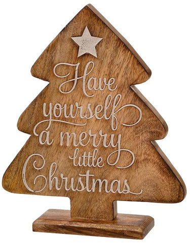 Wood Carved Holiday Tree decoration, brown wood finish with engraved script and star, Special T