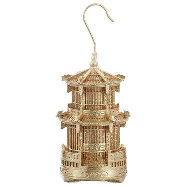 Gold birdcage ornament, Allstate merchandise, 8.5-inch tall with an intricate tiered pagoda design and hanging hook.