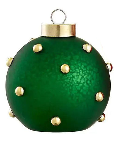 Beaded glass ball name card holders in red and green with gold studs, two sizes (3-inch and 4-inch).