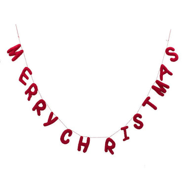 Wool Merry Christmas garland in red, fuzzy letters on string, 48-inch length