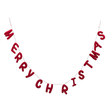 Wool Merry Christmas garland in red, fuzzy letters on string, 48-inch length