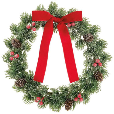 Allstate Frosted Pine Cone Silk Mini Wreath, 11-inch brown/green with red bow and berries