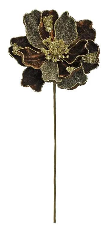 Glamour Magnolia silk spray with chocolate petals and gold sequin accents on a 26-inch stem