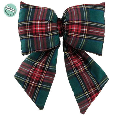 Plaid bow with clip, Allstate merchandise in green and red tartan, 9.5W x 13L