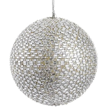 Silver jeweled ball ornament, 5-inch diameter, reflective mosaic surface.