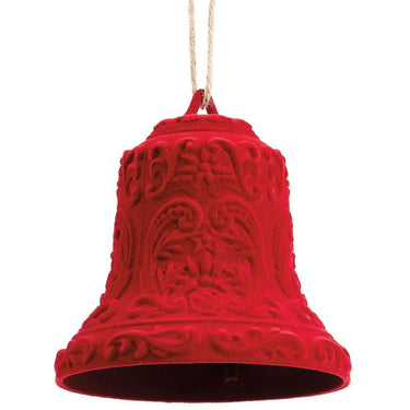 Bell ornament red flocked plastic, Allstate, 4.5in hanging decoration