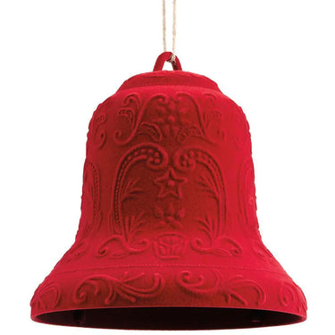 Bell ornament, red flocked plastic with embossed scroll pattern, Allstate brand, large 7.5 in