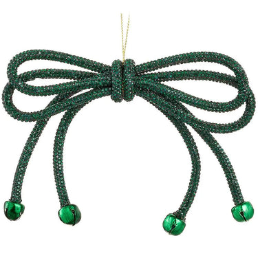 Allstate Sparkle Bow Ornament w/ Bells Green 5.5" - Holiday Ornaments Merchandise