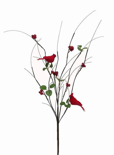 Silk twig red berry and cardinal branch with green leaves, 37 inches