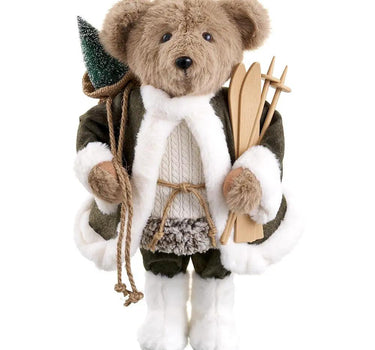 White/Brown Holiday Bear 18-inch plush by Allstate, fur-trimmed coat, carrying a small tree and wooden skis.