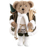 White/Brown Holiday Bear 18-inch plush by Allstate, fur-trimmed coat, carrying a small tree and wooden skis.