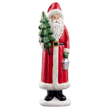 Santa figurine in a red coat with white fur trim, holding a Christmas tree and lantern, 20 inches tall.