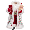 Santa figurine with gift box and bear, 18-inch Allstate merchandise, red suit with white fur trim and holly vines