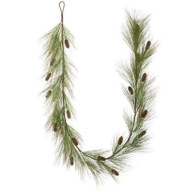Two Allstate silk long-needle pine garlands with pinecones, green, 108 inches long each