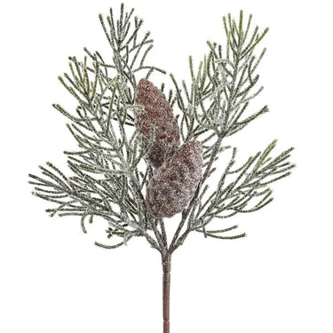 Frosted Pine Spray with Pinecone, 13-inch silk branch in green and brown