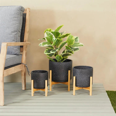 Deco Marché Black Speckled Ceramic Planter with Removeable Bamboo Stand Large 12" - Planters Merchandise