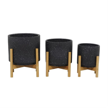 Deco Marché Black Speckled Ceramic Planter with Removeable Bamboo Stand Medium 11" - Planters Merchandise