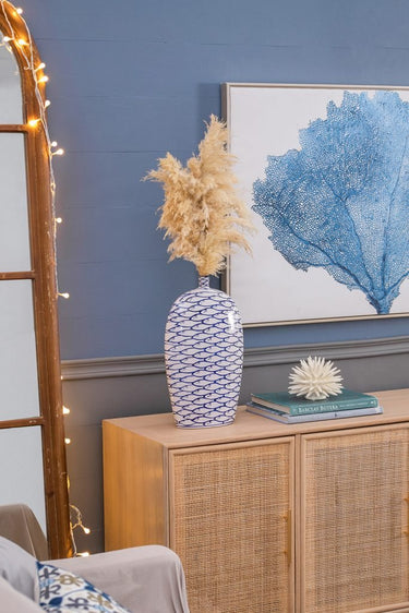 Blue - White Fish Pattern Vase 9" x 16" - Evergreen Home and Floral