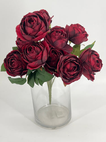 Le Fleur Cabbage Rose Bush (x10) Red 19" - Uncategorized Silk