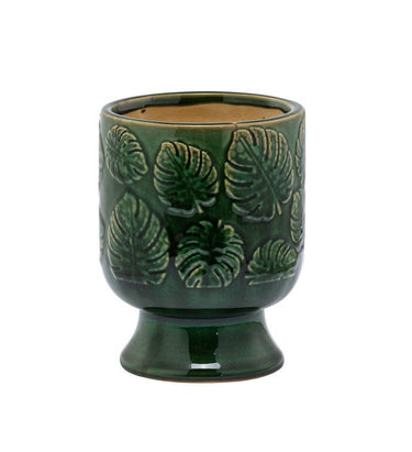 Napco Green Embossed Leaves Pedestal Planter Small 3.75"W x 5.25"H - Planters Merchandise