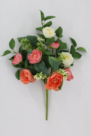 Golden Bell Mixed Ranunculus Bush Pink-Cream-Coral 16" - Artificial Flowering Plants Silk