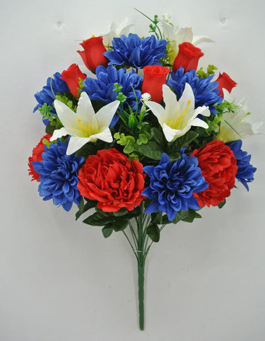 Golden Bell Peony/Dahlia/Lily/Rose Bud Mixed Bush Red-White-Blue 24" - Artificial Flowering Plants Silk