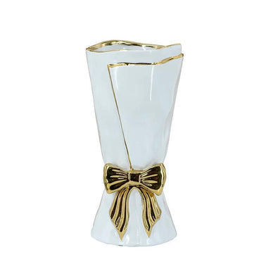 A&B White-Gold Ceramic Bow Vase 6" x 12 - Vases Merchandise
