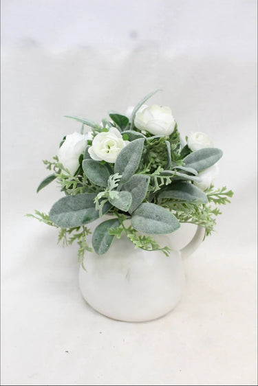 Supreme White Mini Ranunculus with Pitcher 9" - Artificial Flowering Plants Silk