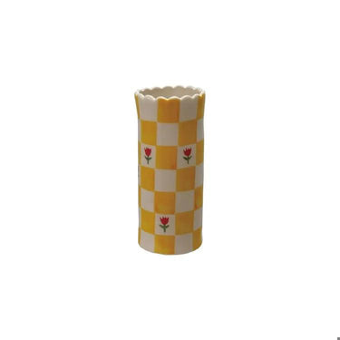 Hazel Mazel Yellow Checker Floral Vase 2.5"D x 5.75"H - Vases Merchandise