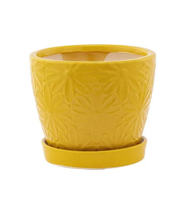 Napco Yellow Embossed Daisy Pot with Saucer 4.75" x 4.75" - Planters Merchandise