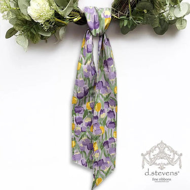 D Stevens Yellow-Lavender Poplin Tullip Wreath Sash Ribbon 4"W x 56"L - Wreaths & Garlands Wreath Sash