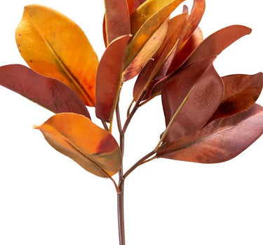 Silk fall magnolia leaf pick, brown/orange/green leaves, 20in stem, AmBest