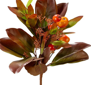 Silk Magnolia/Eucalyptus/Fruit Pick bouquet, 19 inches, AmBest, green burgundy orange accents