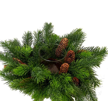 Cedar/Fir Silk candle ring in green with pinecones and a central glass holder