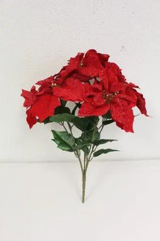 Supreme Glitter Poinsettia Bush x5 Red 22" - Artificial Flowering Plants Silk