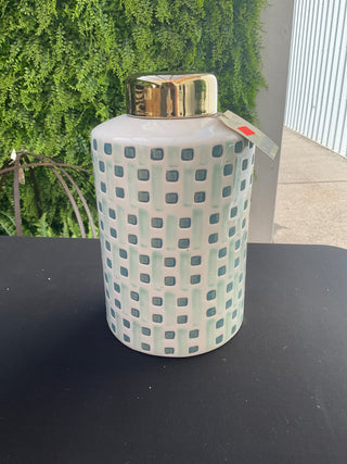 Ceramic Jar with Gold Lid Green/White 9"