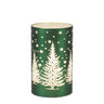 Green Glass Tree B/O Luminary by Melrose; cylindrical holder with white Christmas trees and snowflakes.