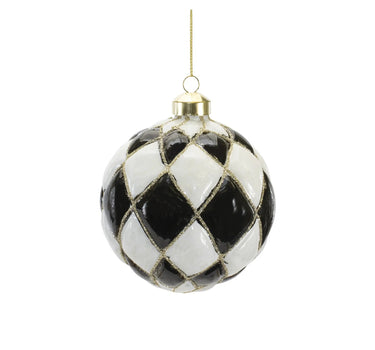 Glass Harlequin ornament by Melrose, black and white diamond pattern with gold glitter, gold cap and hanger