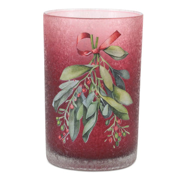 Glass Mistletoe Candle Holder, pink gradient glass with holly berry design.
