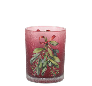 Glass Mistletoe Candle Holder in pink frosted finish with holly berry design.